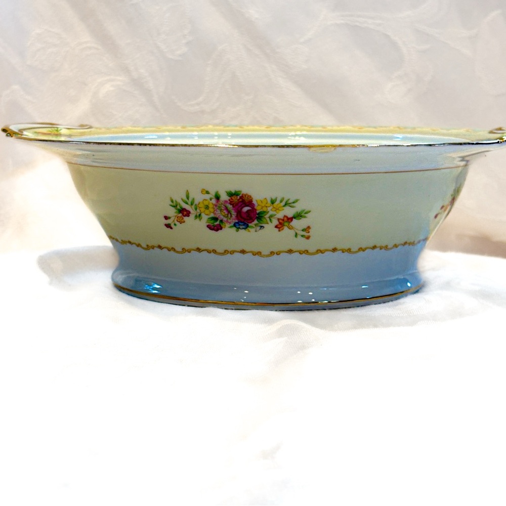 Noritake M Japan Turquoise & Gold Floral Double-Handled Vegetable Serving Bowl